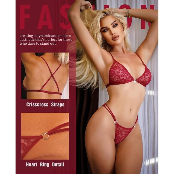 Women's Wine Red 2 Piece Bra And Panty Set Heart Ring Bralettes Underwear - Picture 3 of 5